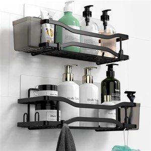 2 Pack Bathroom Shower Organizer, Adhesive Shelves with hooks and Hanging Cups